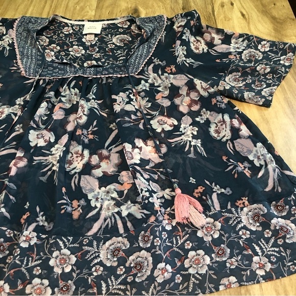 Knox Rose Womens Size Large Peasant Bohemian Floral Top Front Tie Blue Green - Picture 2 of 10